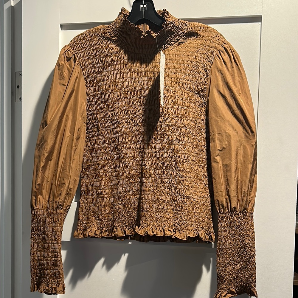 Veronica Beard Elsmere Blouse Gold Smocked Blouse with Bishop Sleeves